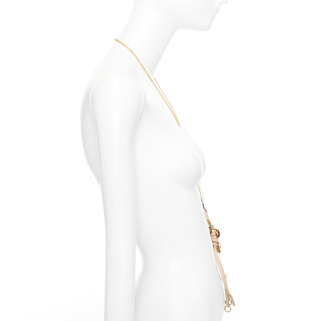 CHLOE Nicole brown leather gold Happy key chain bag charm long necklace