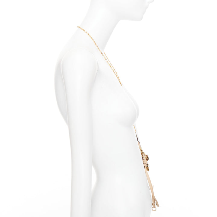 CHLOE Nicole brown leather gold Happy key chain bag charm long necklace