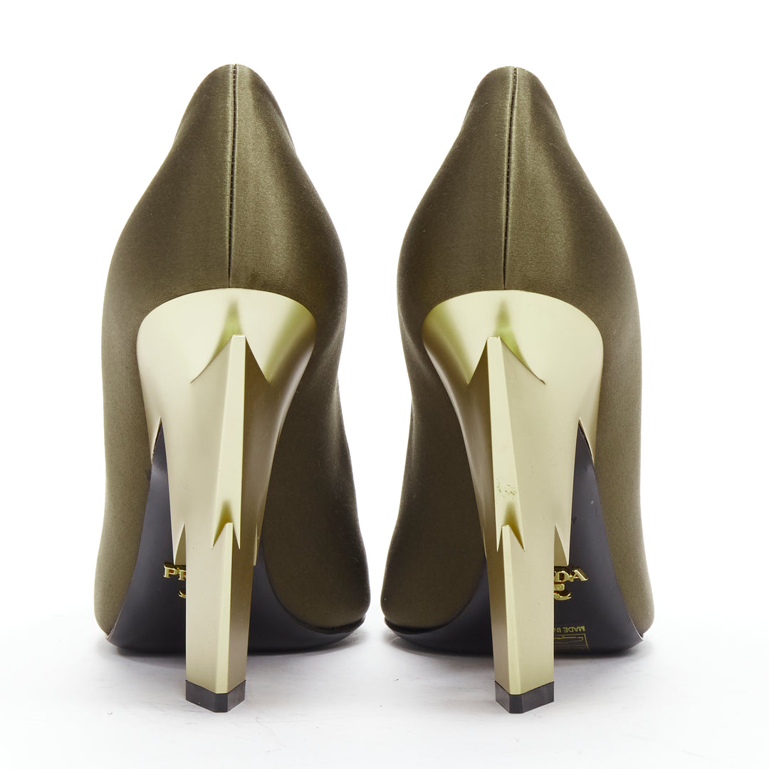 PRADA Lightning Bolt green silk satin gold metal heel pump EU38.5