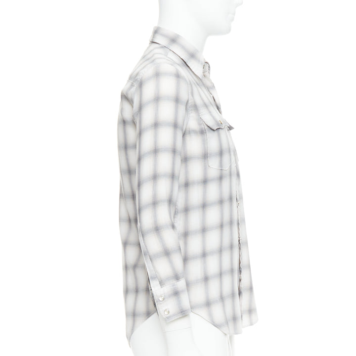 SAINT LAURENT 2016 grey cream checked resin snap buttons shirt M