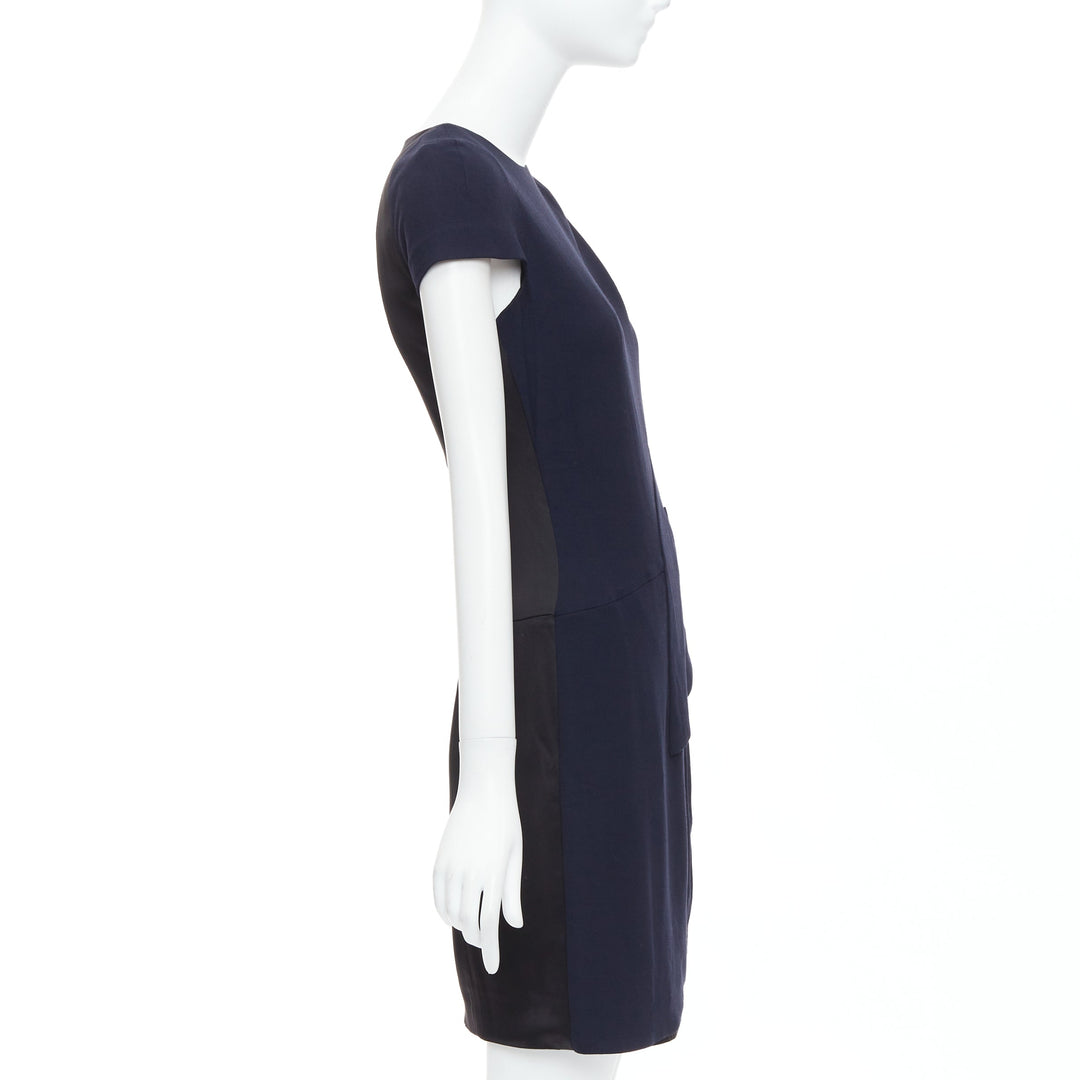 CHANEL navy black rayon wool blend draped pleated shift dress FR36 S