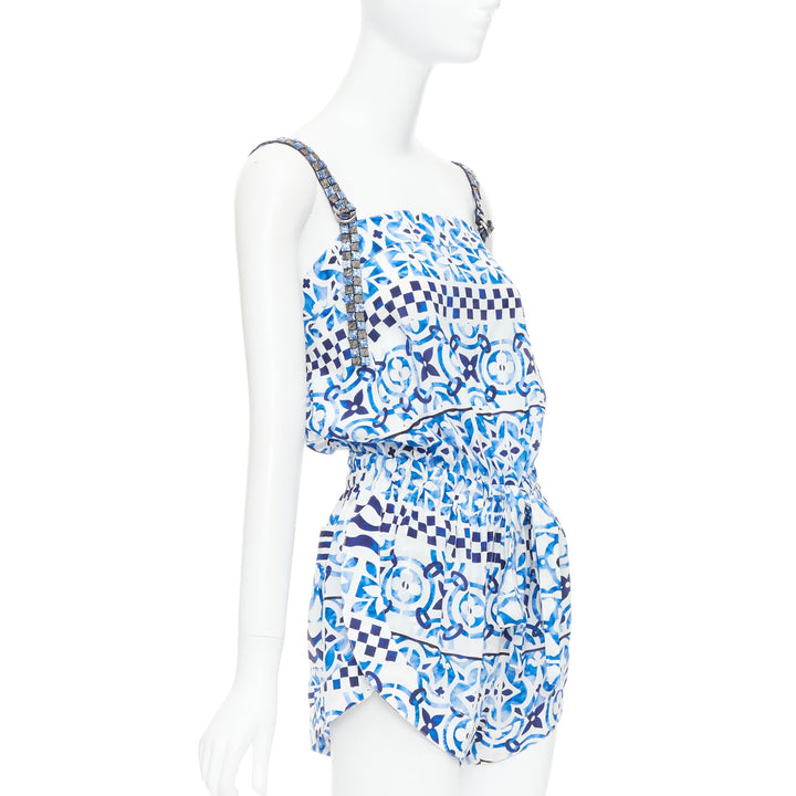 LOUIS VUITTON Monogram Tile silk white blue majolica beaded playsuit FR34 XS
