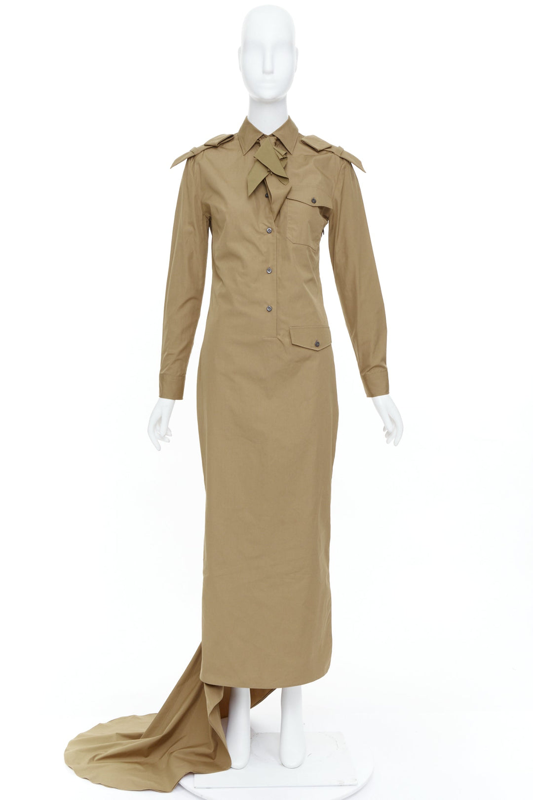 PRADA 2023 Runway brown poplin necktie safari utility shirt trail gown IT38 XS