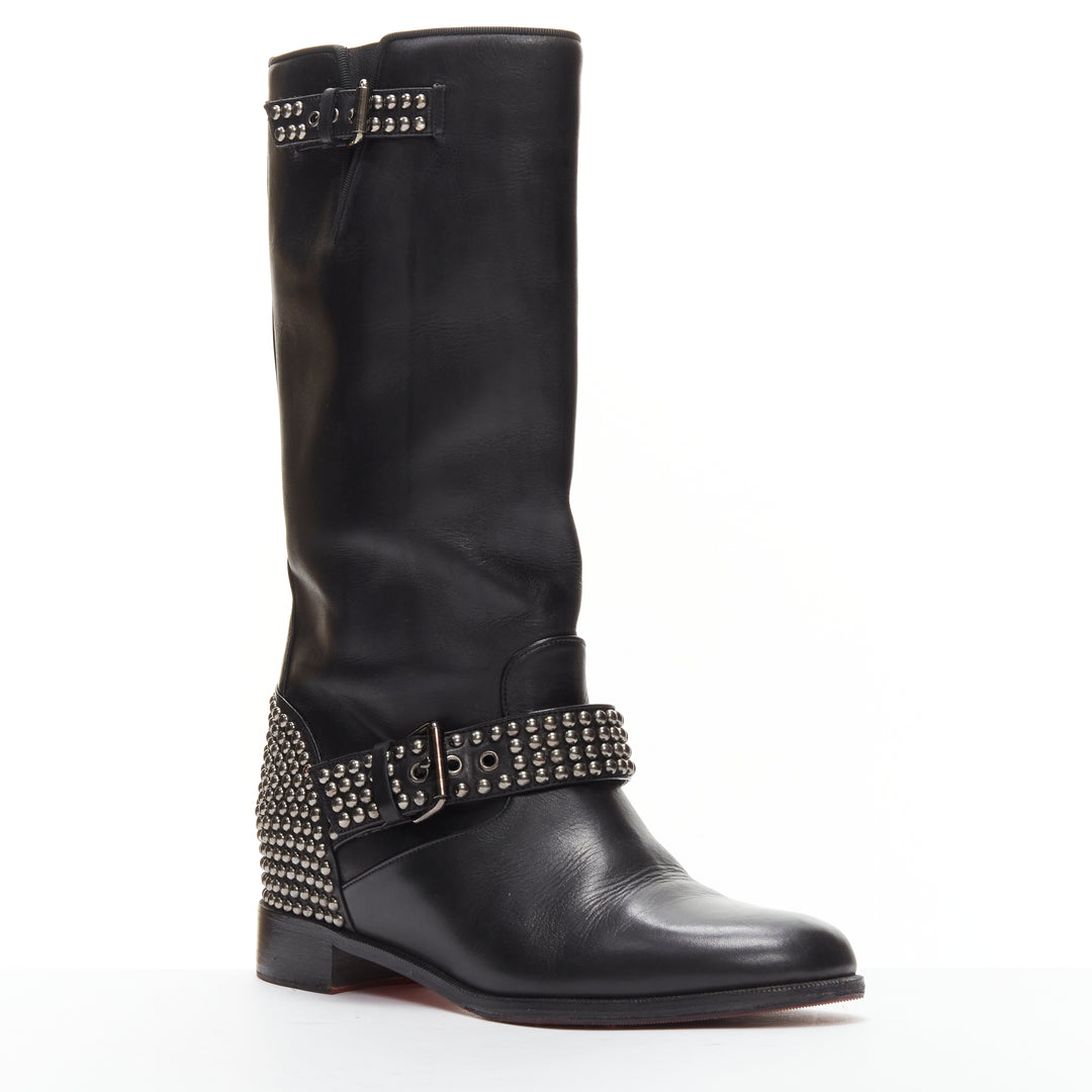 CHRISTIAN LOUBOUTIN Bicloubutu black spike studded buckle wedge boots EU37.5