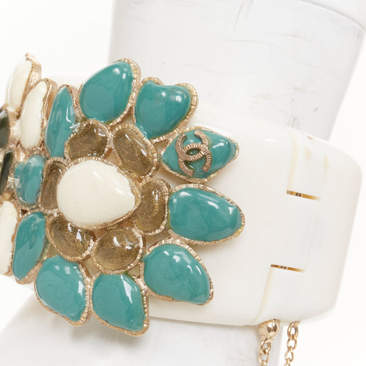 CHANEL 2014 Paris-Dubai floral gripoix cream teal black CC flowers cuff bangle