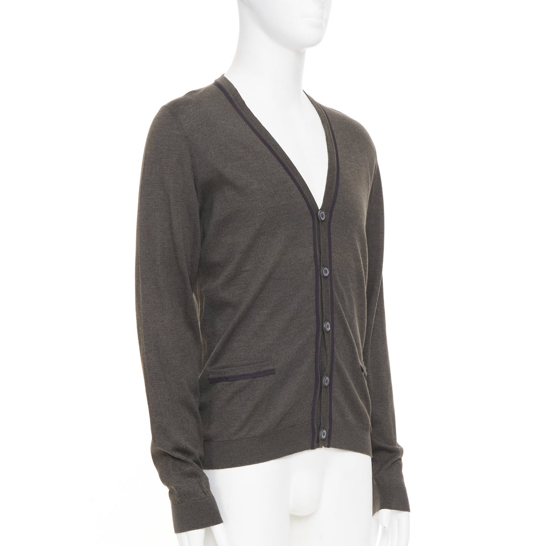 LANVIN 2015 grosgrain trim v-neck cotton merino wool button knit cardigan S