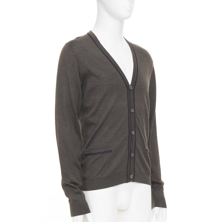 LANVIN 2015 grosgrain trim v-neck cotton merino wool button knit cardigan S