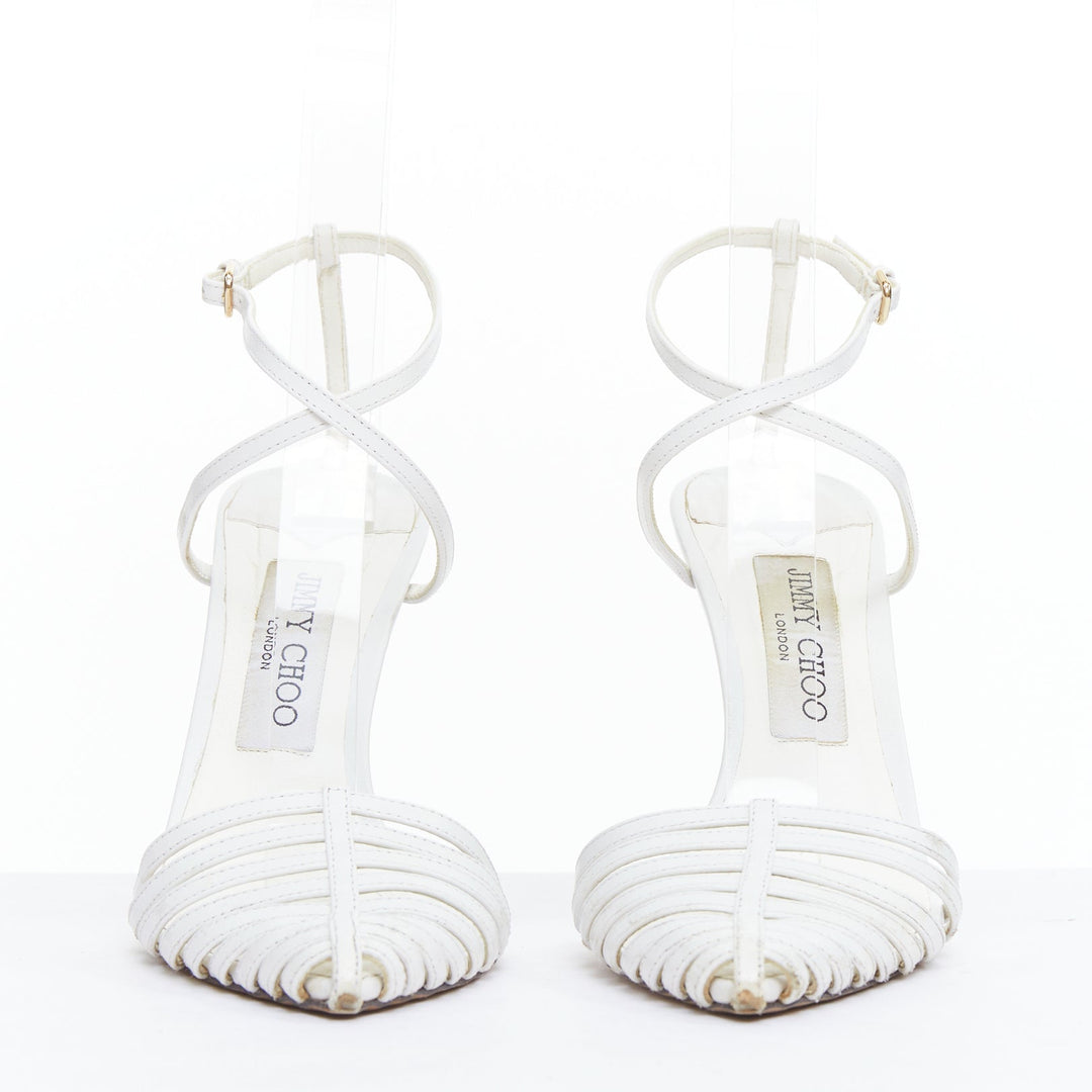 JIMMY CHOO Tamai 100 white leather caged toe criss cross sandals EU36.5