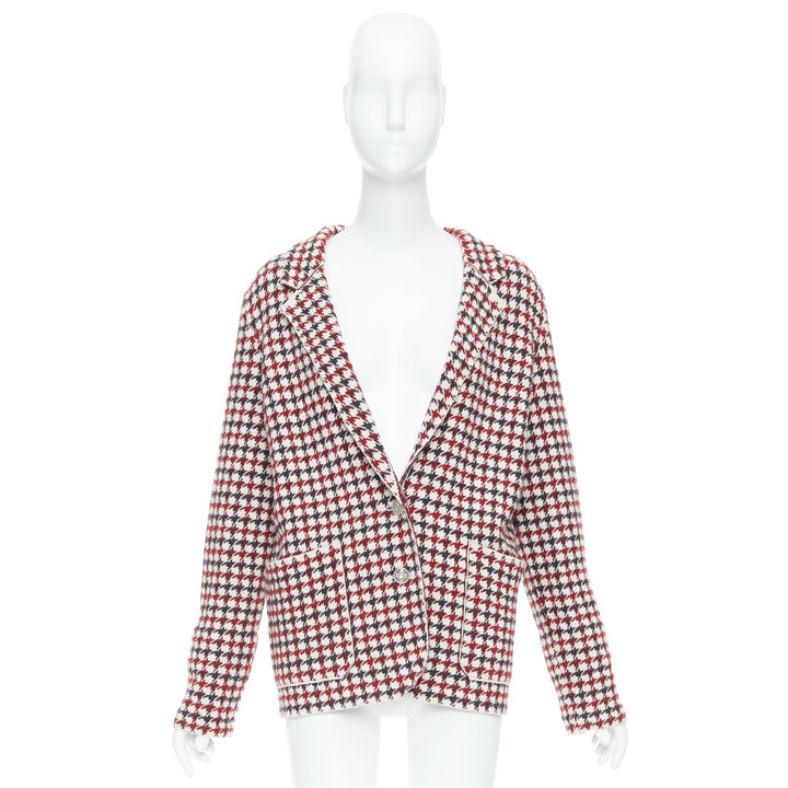 BARRIE burgundy cream cashmere lambswool houndstooth knit blazer XS