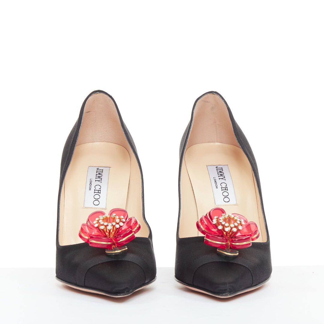 JIMMY CHOO Entice black satin grosgrain red acyrlic flower brooch pumps EU37