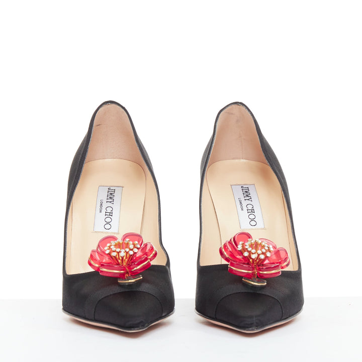 JIMMY CHOO Entice black satin grosgrain red acyrlic flower brooch pumps EU37