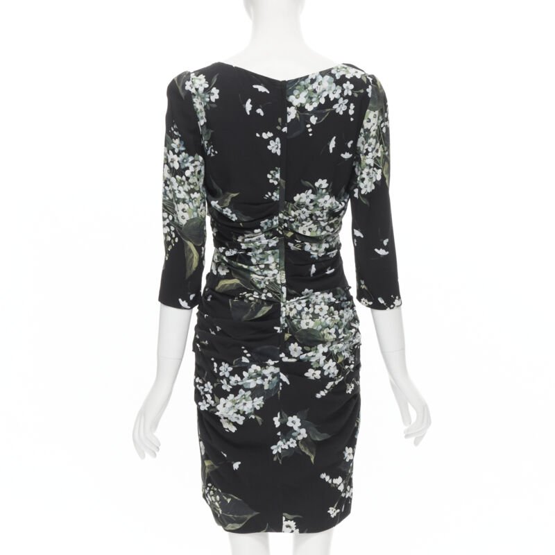 DOLCE GABBANA silk black white green floral print ruched bodycon dress IT40 XS