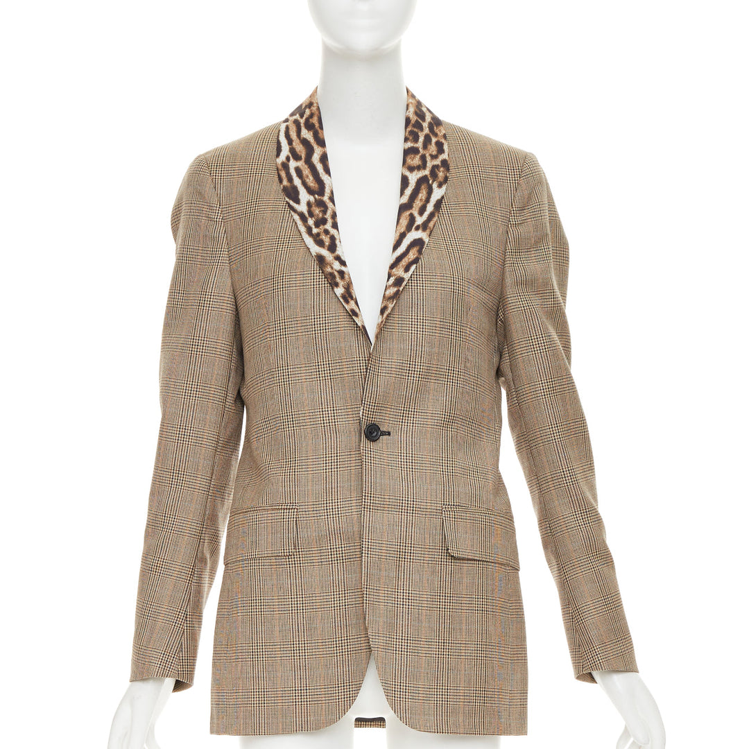 R13 2019 Runway Shawl brown wool leopard shawl collar check blazer S