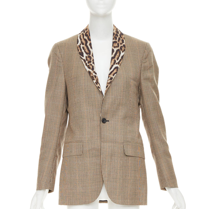 R13 2019 Runway Shawl brown wool leopard shawl collar check blazer S