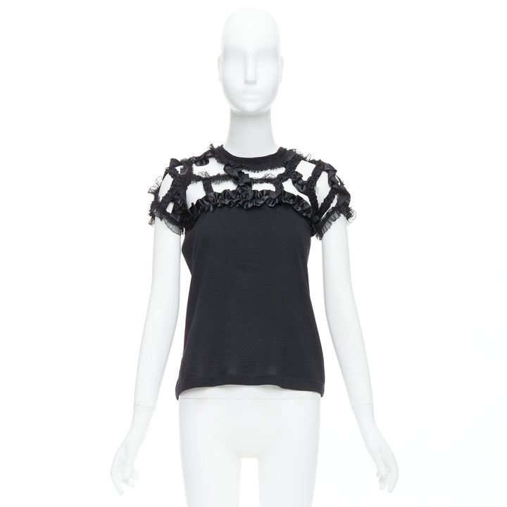 COMME DES GARCONS 2008 black wool ruffle cut out crew top S