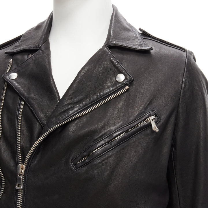 BALMAIN black lambskin leather silver zip classic biker motorcycle jacket EU48 M