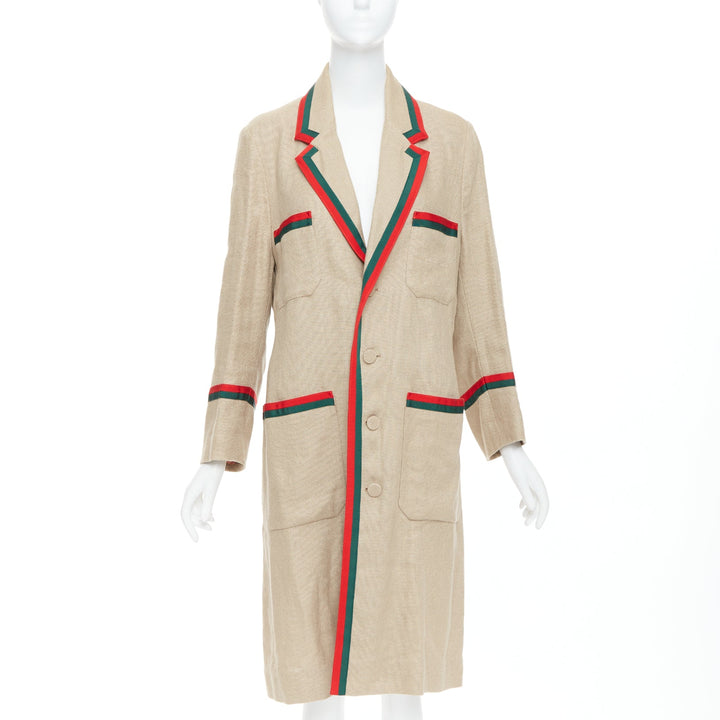 GUCCI Garden Alessandro Michele beige green red web trim long coat