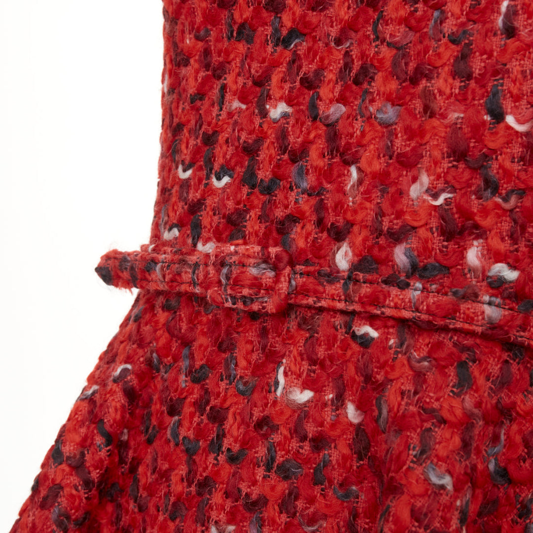 OSCAR DE LA RENTA F17 Boucle tweed red wool cotton silk lined flare dress US6 M