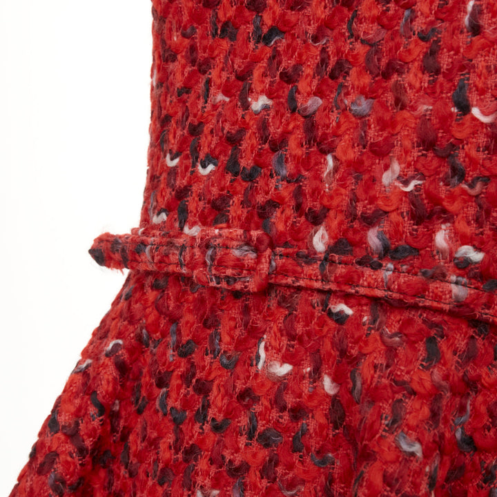 OSCAR DE LA RENTA F17 Boucle tweed red wool cotton silk lined flare dress US6 M