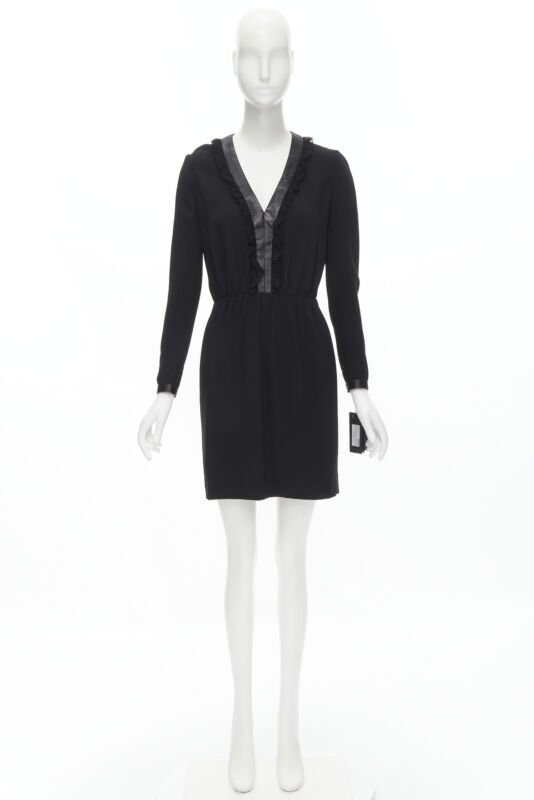 SAINT LAURENT Hedi Slimane 2013 black leather lace ruffle dress FR36 XS