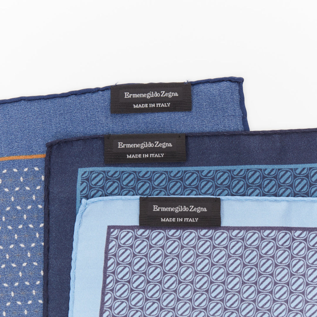 ERMENEGILDO ZEGNA Set of 3 blue geometric polka dot silk pocket square scarf