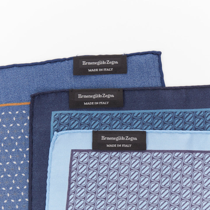 ERMENEGILDO ZEGNA Set of 3 blue geometric polka dot silk pocket square scarf