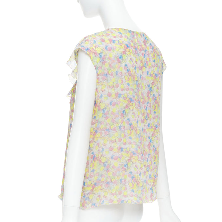 CHANEL 2011 100% silk Vintage circle pastel CC logo ruffle blouse FR42 XL