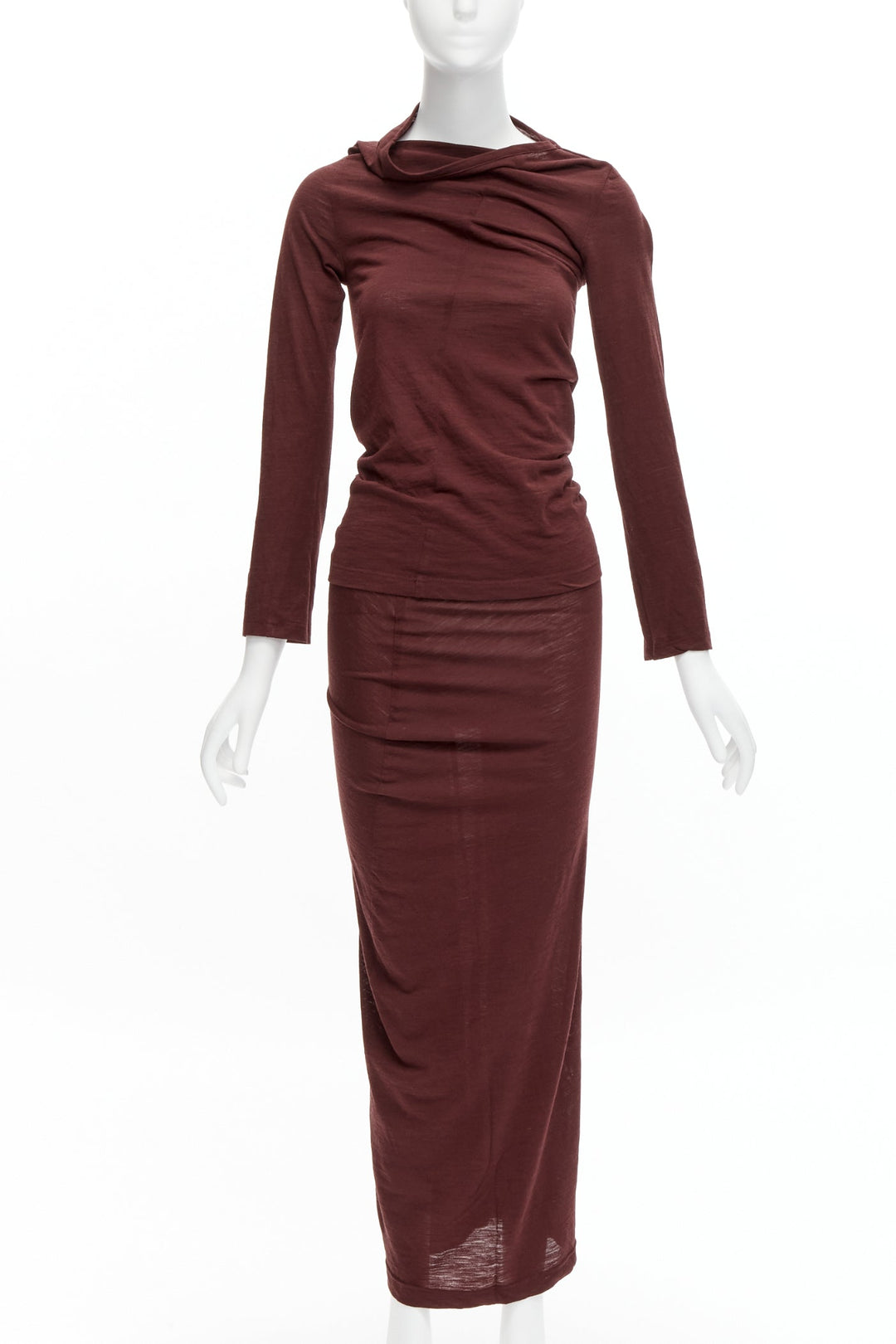 CDG COMME DES GARCONS burgundy brown bias cut stretch top midi skirt set S