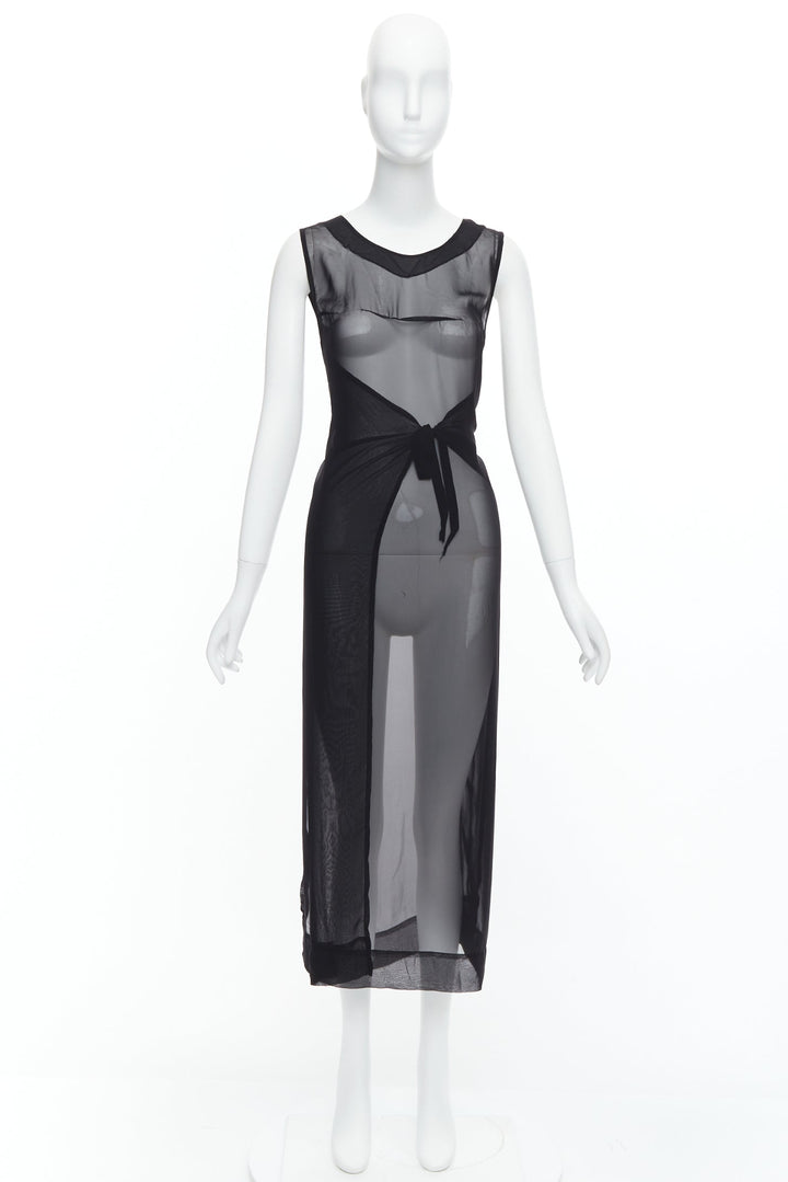 rare MAISON MARGIELA Vintage AW1991 black sheer apron tie midi dress IT42 M