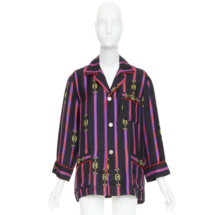 rare GUCCI GARDEN 100% silk black purple GG stripe pajama blouse shirt XXS