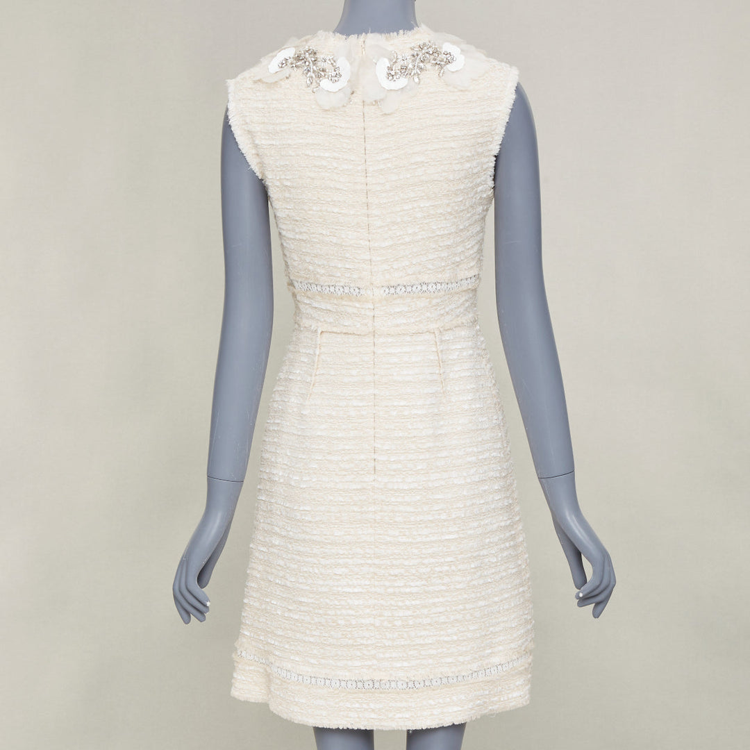 GIAMBATTISTA VALLI 2018 crystal embroidered neck ivory tweed dress IT40 XS
