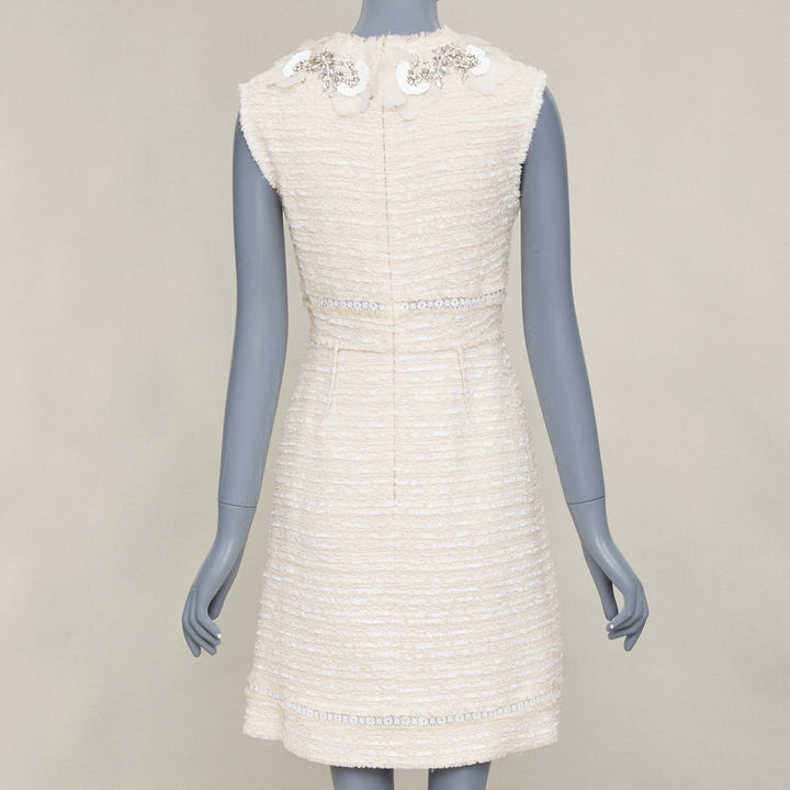 GIAMBATTISTA VALLI 2018 crystal embroidered neck ivory tweed dress IT40 XS