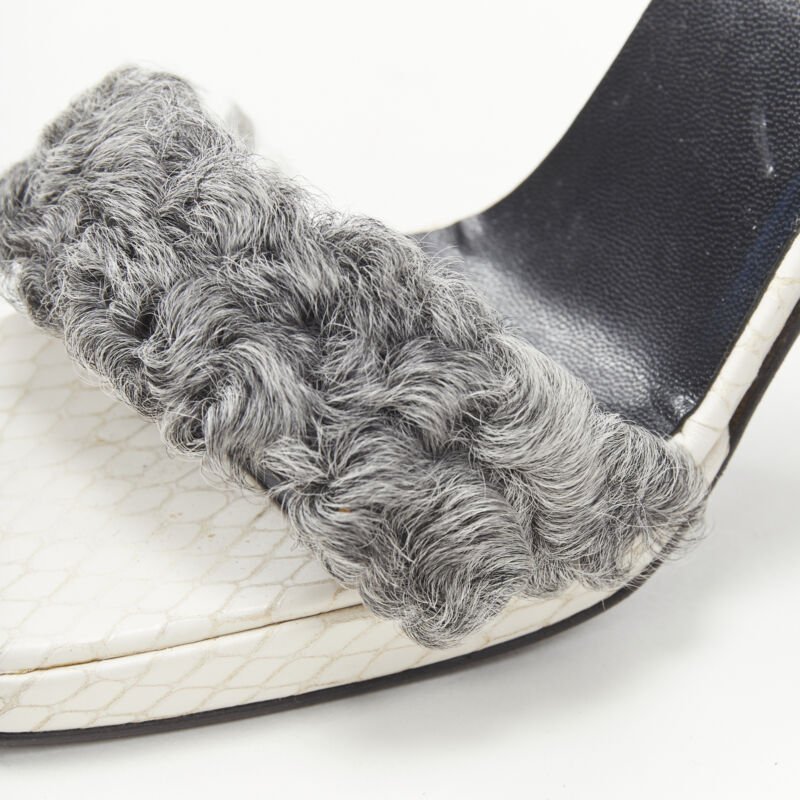vintage GIANNI VERSACE white grey shearling ankle strap cone heel sandal EU36