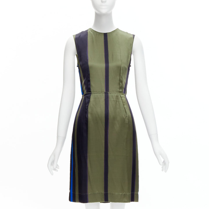 LANVIN 100% silk khaki blue abstract invert darts dress FR36 S