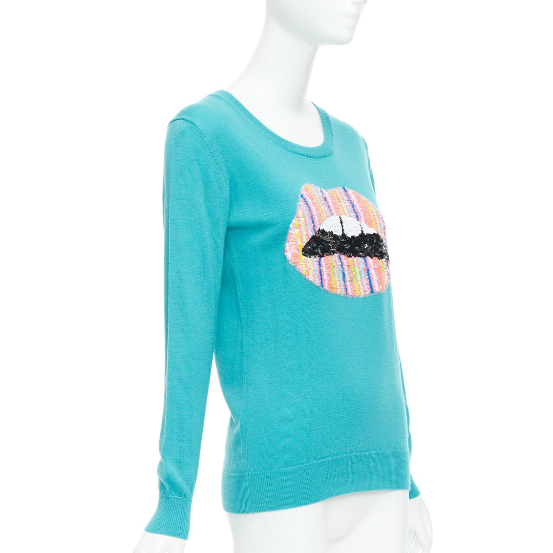 MARKUS LUPFER teal merino wool multicolor sequin lip sweater S