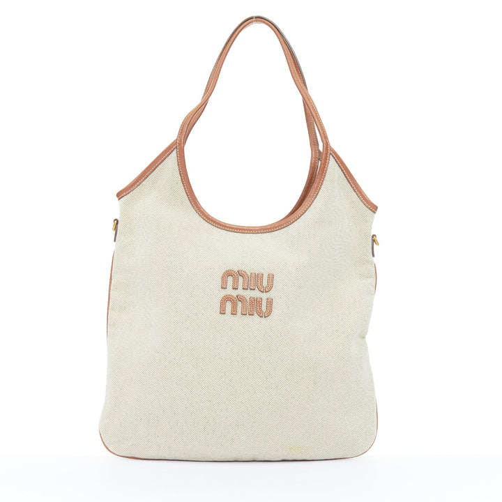 MIU MIU 2023 Ivy beige canvas brandy brown leather trim shoulder tote bag