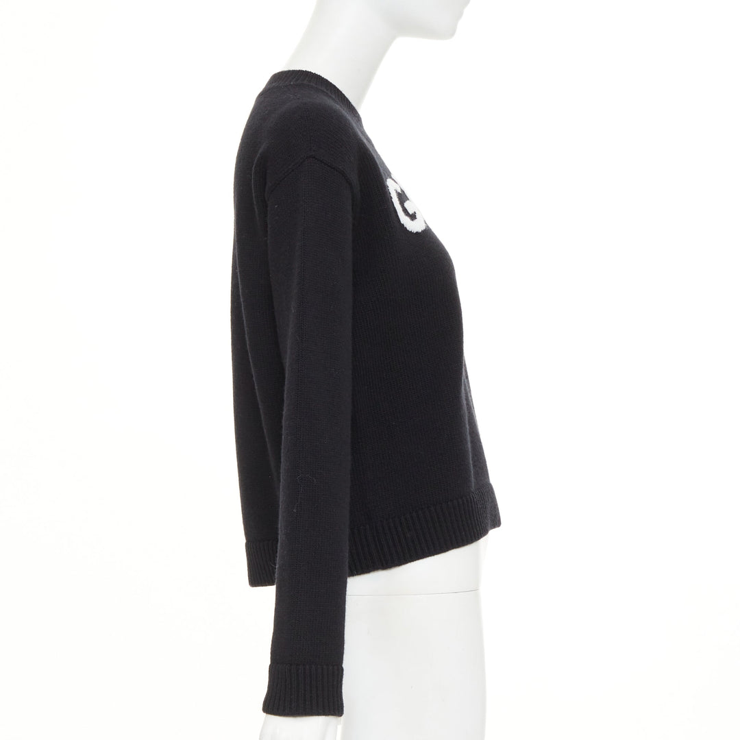 GUCCI black white wool block logo intarsia crew neck pullover sweater S