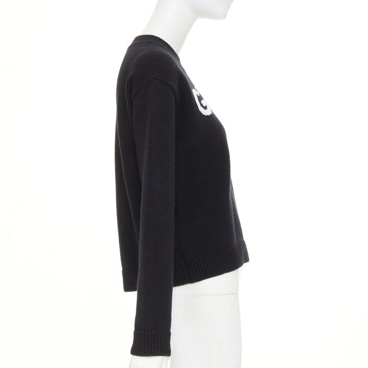 GUCCI black white wool block logo intarsia crew neck pullover sweater S