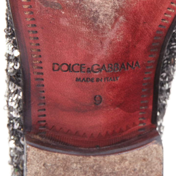DOLCE GABBANA silver black speckled pailette sequin derby loafer shoes UK9 EU43
