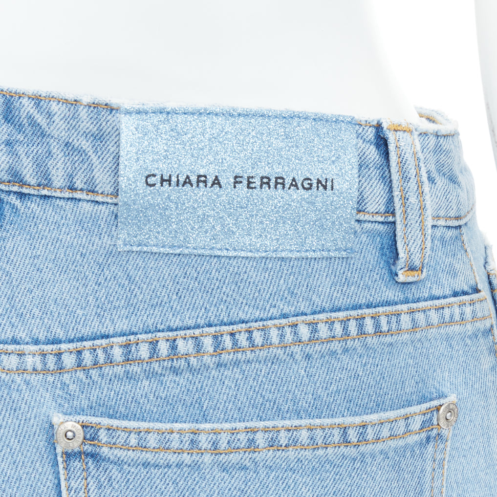 CHIARA FERRAGNI blue crystal fringe distressed denim short shorts XS