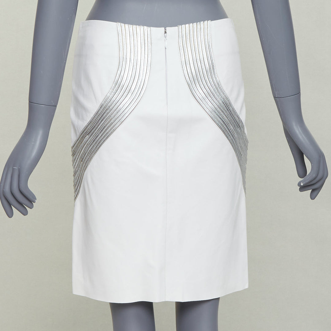 JEAN CLAUDE JITROIS white  leather silver silk applique pencil skirt IT36 XXS