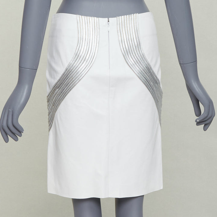 JEAN CLAUDE JITROIS white  leather silver silk applique pencil skirt IT36 XXS