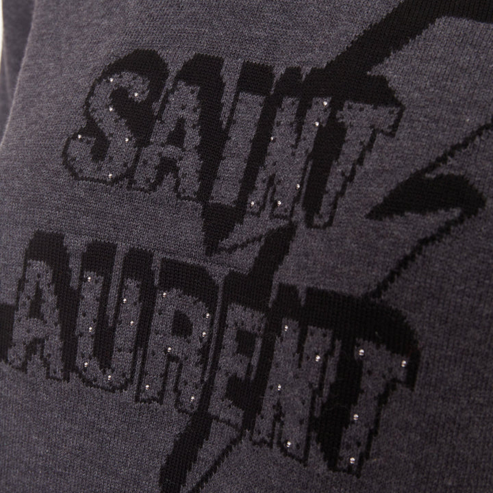 SAINT LAURENT 2017 Eclair Lightning Bolt grey black logo stud hooded sweater XS