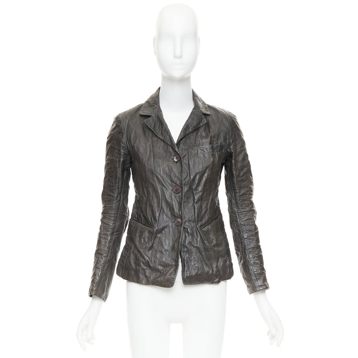 DONNA KARAN dark taupe crinkled lambskin leather blazer jacket IT38 XS
