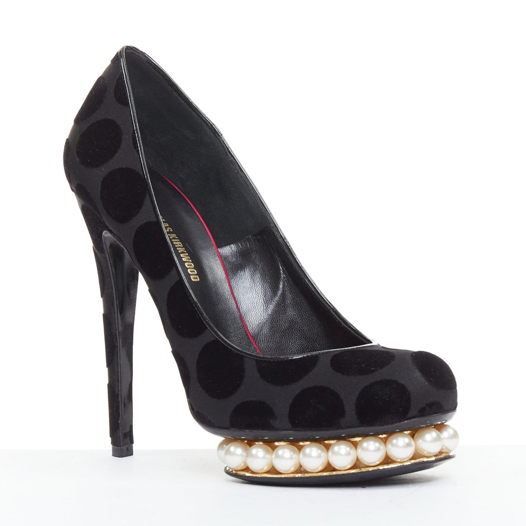 NICHOLAS KIRKWOOD Casati black velvet polka dot pearl platform pumps EU37.5
