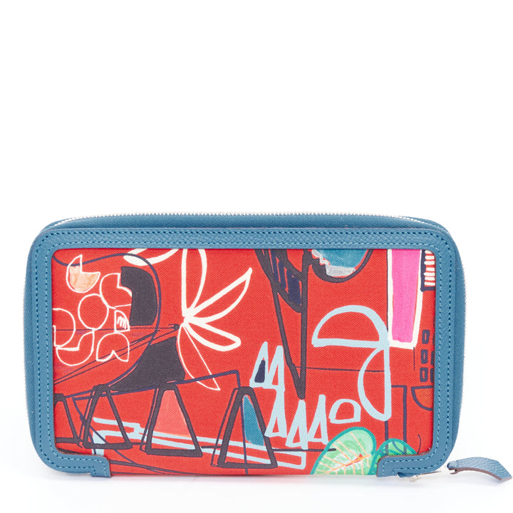 HERMES Soie Cool Azap red geometric print silk blue leather zip around wallet