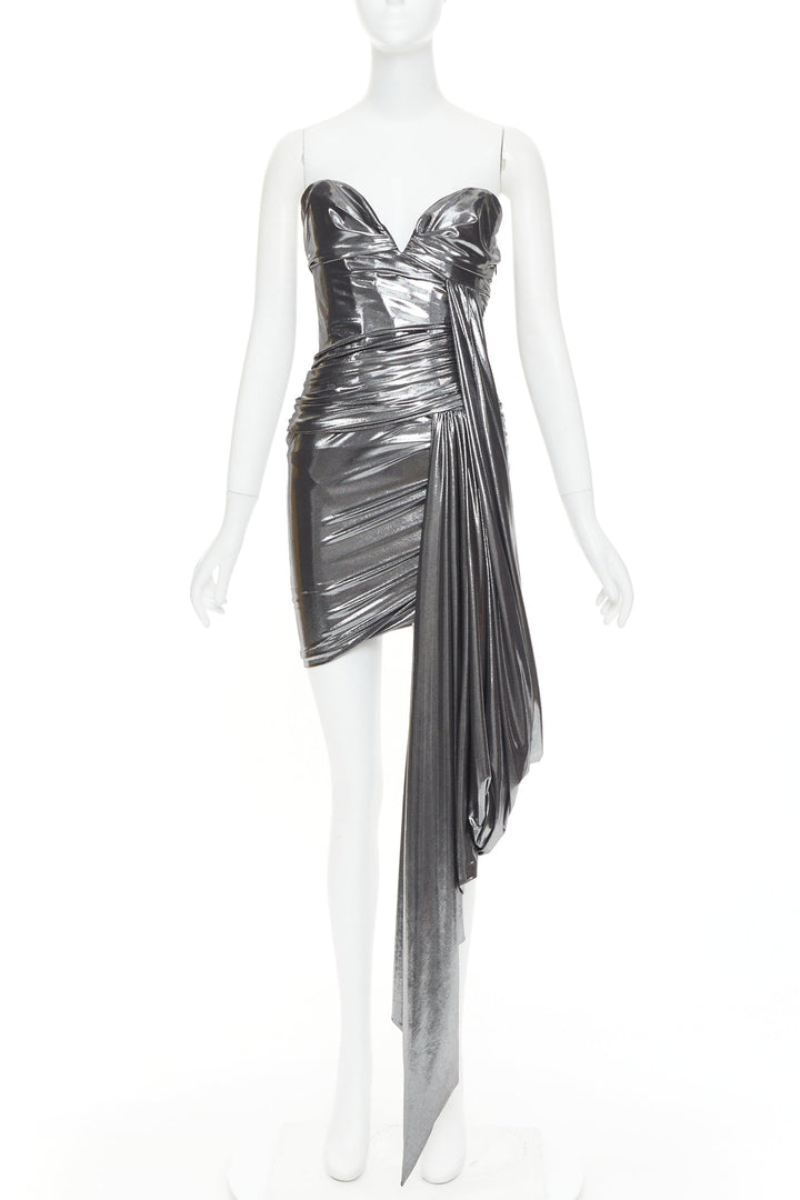 ALEXANDRE VAUTHIER AW2023 Runway silver liquid metal drape asymmetric mini dress