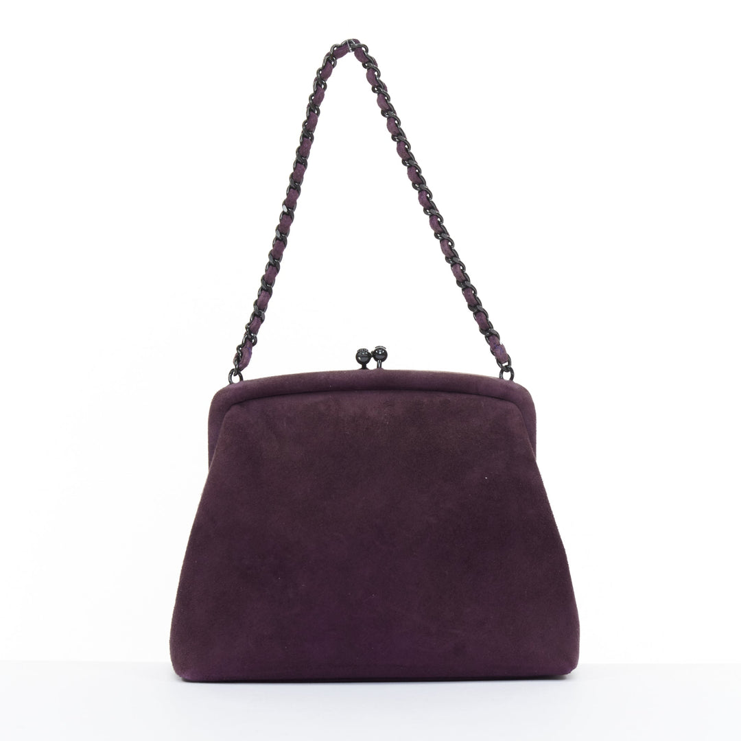 CHANEL 1998 Vintage kiss lock purple suede embroidered cc chain clutch bag