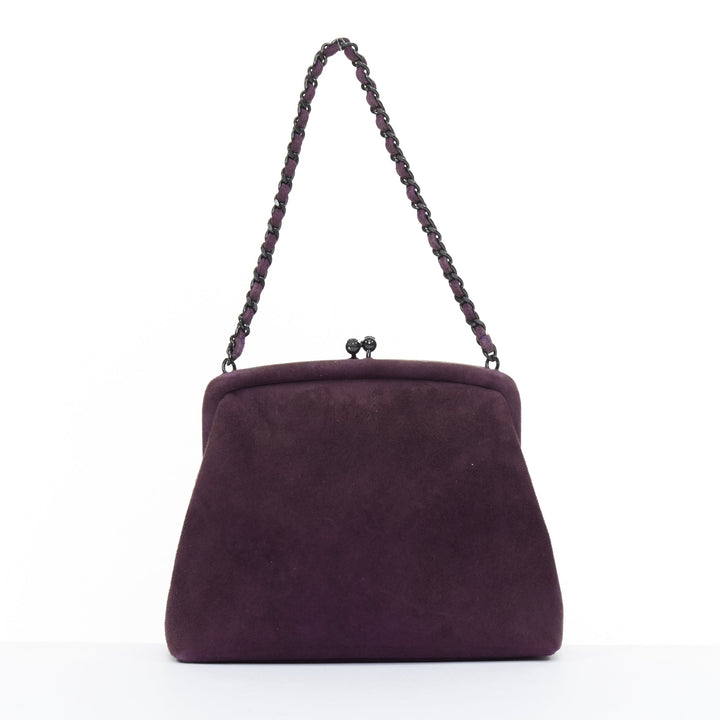 CHANEL 1998 Vintage kiss lock purple suede embroidered cc chain clutch bag