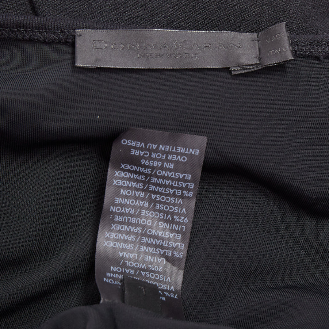 DONNA KARAN black jersey cold shoulder long sleeve side drape dress L